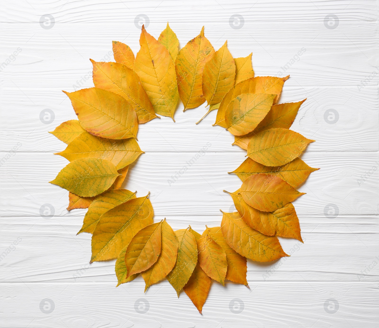 Photo of Frame of autumn leaves on white wooden table, top view. Space for text