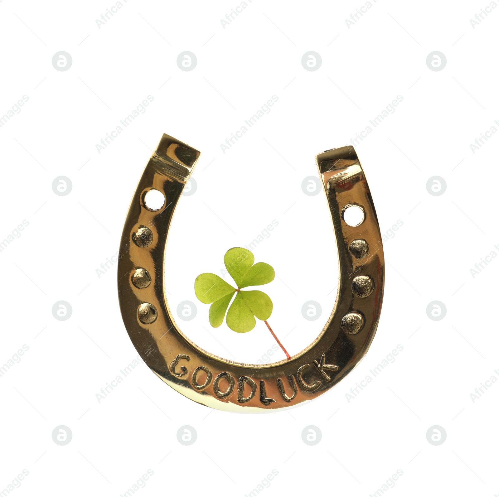 Photo of Golden horseshoe with phrase GOOD LUCK and clover on white background. St. Patrick's Day celebration