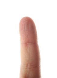 Man scanning fingerprint on white background, closeup
