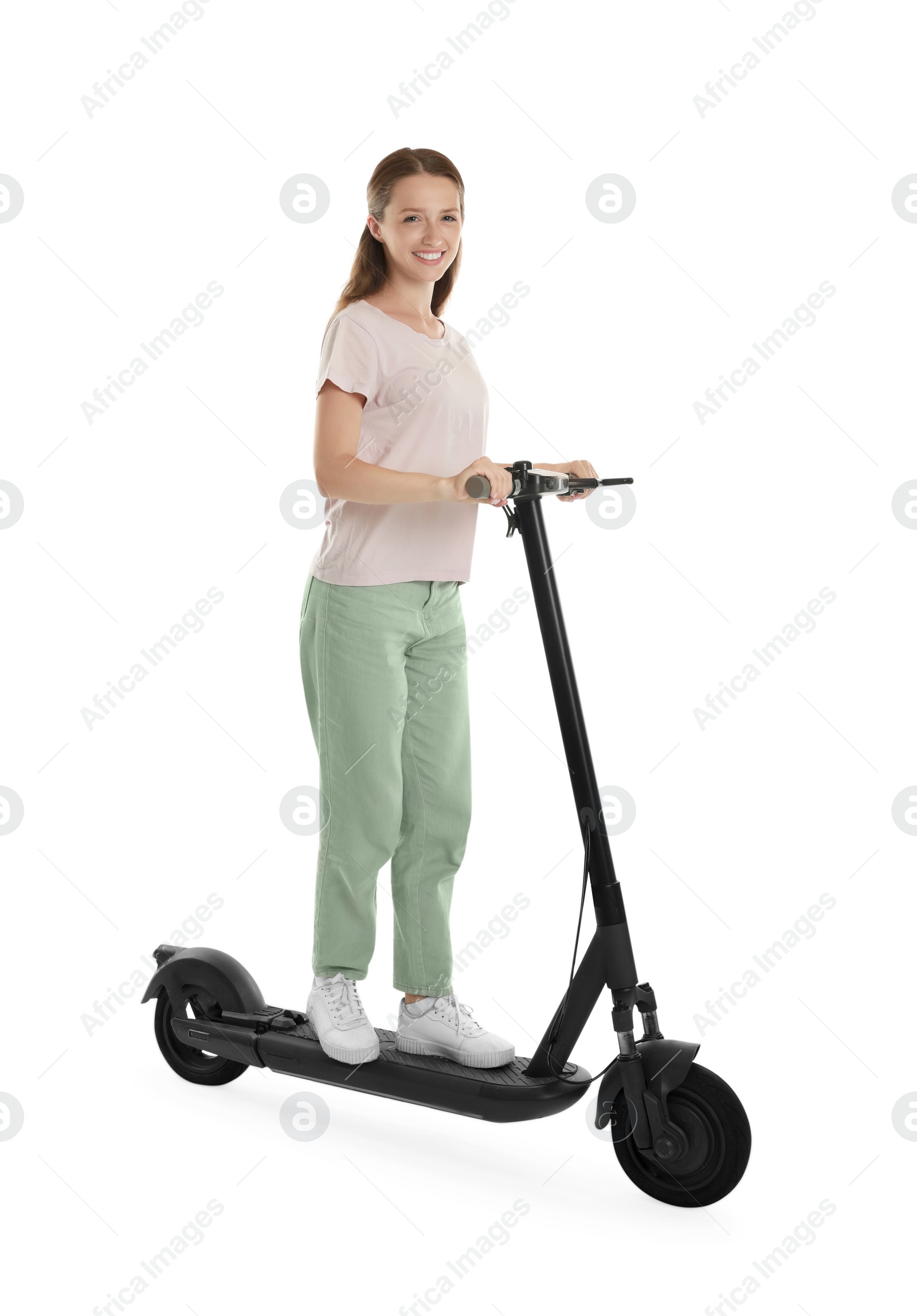 Photo of Happy woman riding modern electric kick scooter on white background