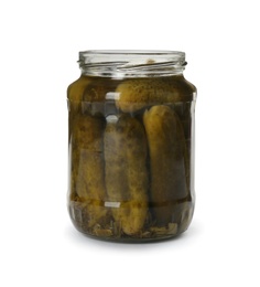 Jar of pickled cucumbers isolated on white