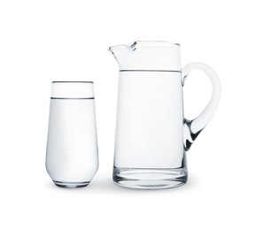 Glass and jug with water isolated on white