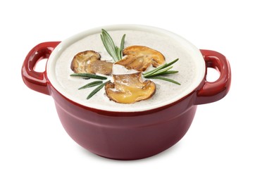 Photo of Fresh homemade mushroom soup in ceramic pot isolated on white