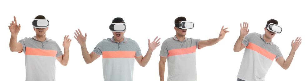 Image of Man using virtual reality headset on white background, collage. Banner design