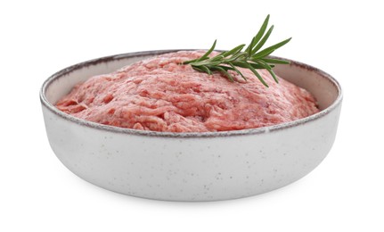 Bowl of raw fresh minced meat with rosemary isolated on white