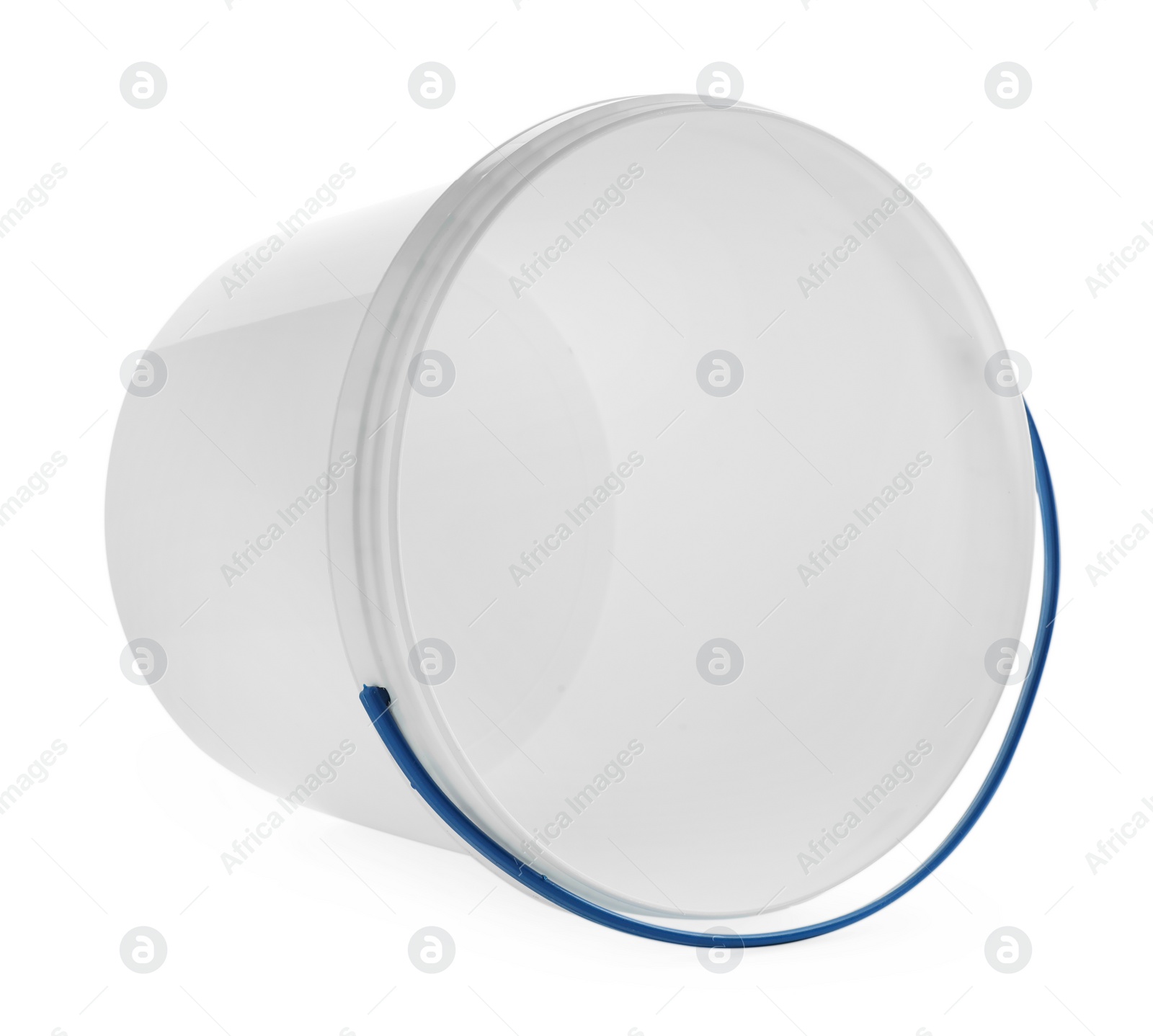 Photo of One empty plastic bucket isolated on white