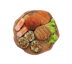 Photo of Serving board with different delicious vegan meat products and lettuce isolated on white, top view