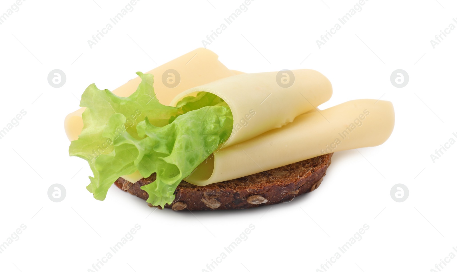 Photo of Tasty sandwich with slices of fresh cheese and lettuce isolated on white