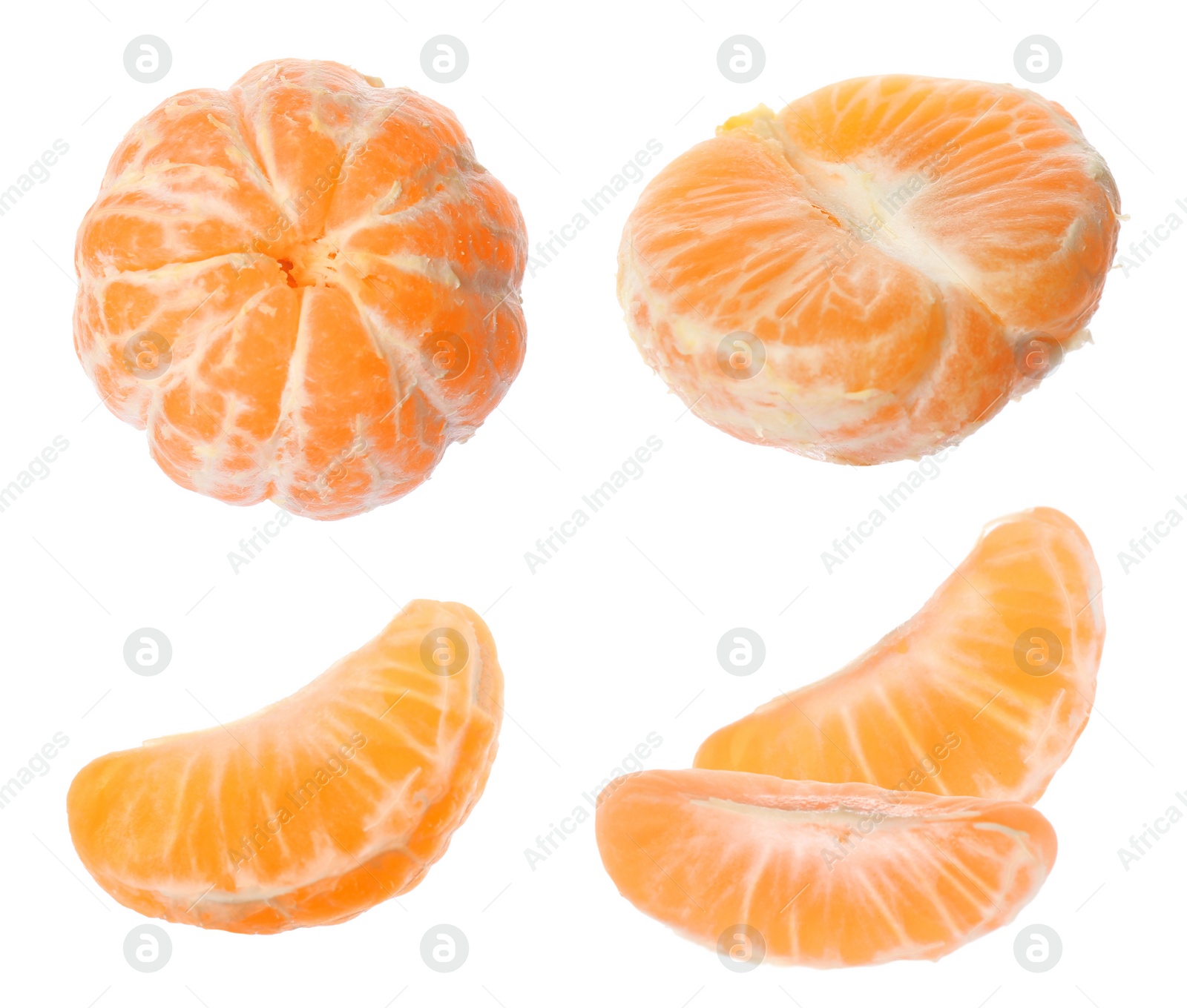 Image of Tasty fresh tangerines on white background, collage