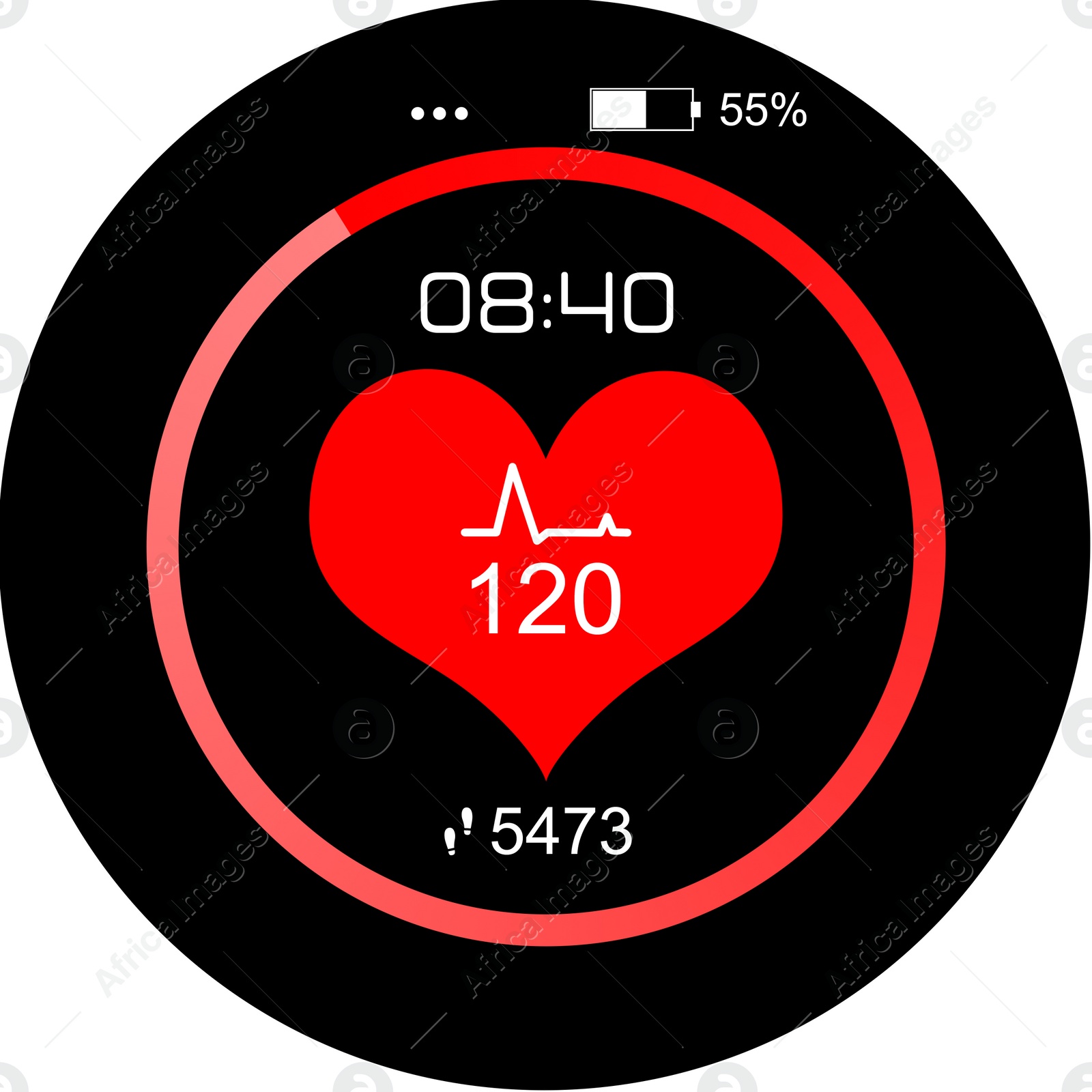 Illustration of Smart watch displaying heart rate and steps amount in health monitor app