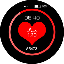 Illustration of Smart watch displaying heart rate and steps amount in health monitor app