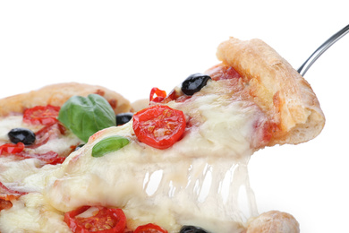 Photo of Taking slice of delicious pizza Diablo on white background, closeup