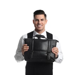 Photo of Businessman with stylish leather briefcase on white background