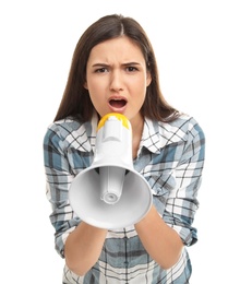 Young woman using megaphone on white background