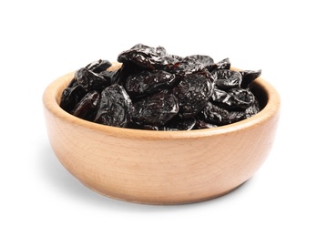 Photo of Bowl of tasty prunes on white background. Dried fruit as healthy snack