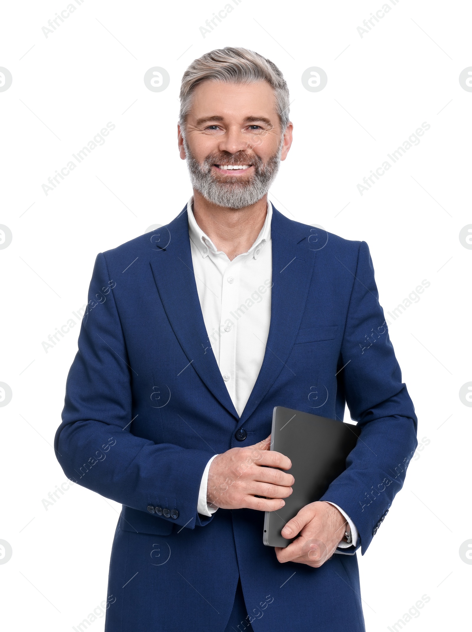 Photo of Mature businessman in stylish clothes with laptop on white background