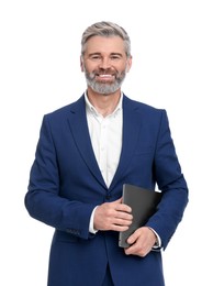 Mature businessman in stylish clothes with laptop on white background