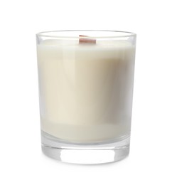 Photo of Aromatic soy candle with wooden wick isolated on white