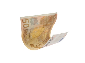 Image of 50 Euro banknote flying on white background