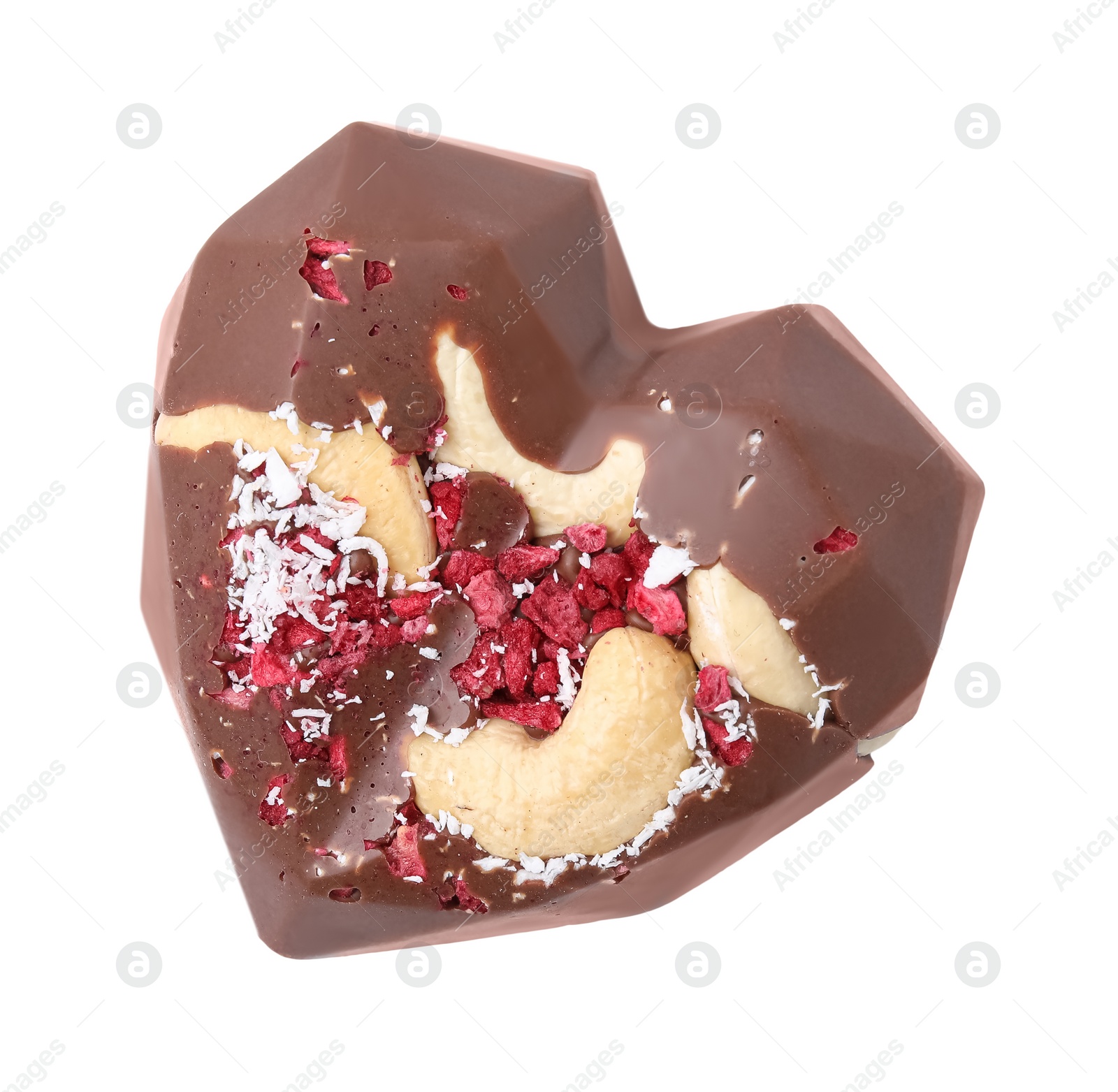 Photo of Tasty chocolate heart shaped candy with nuts on white background, top view