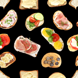 Set of delicious toasted bread with different toppings on black background, top view