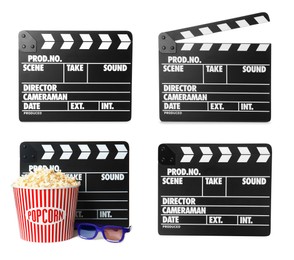 Image of Set with clapperboards on white background. Cinema production