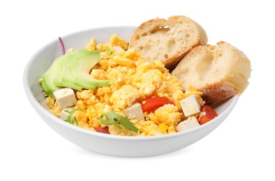 Bowl with delicious scrambled eggs, tofu, avocado and slices of baguette isolated on white