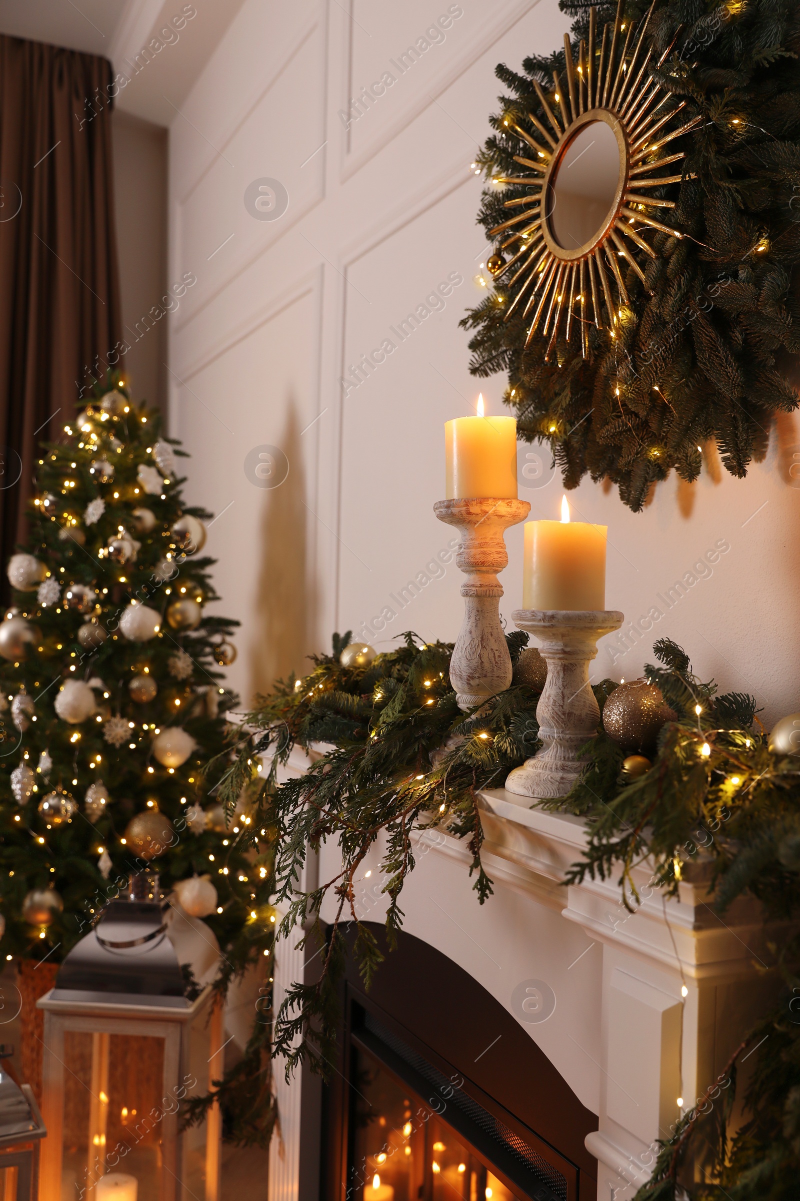 Photo of Beautiful room interior with fireplace and Christmas decor