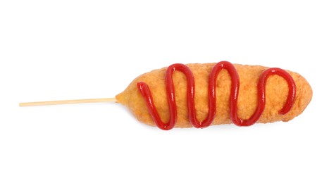 Delicious deep fried corn dog with ketchup isolated on white, top view