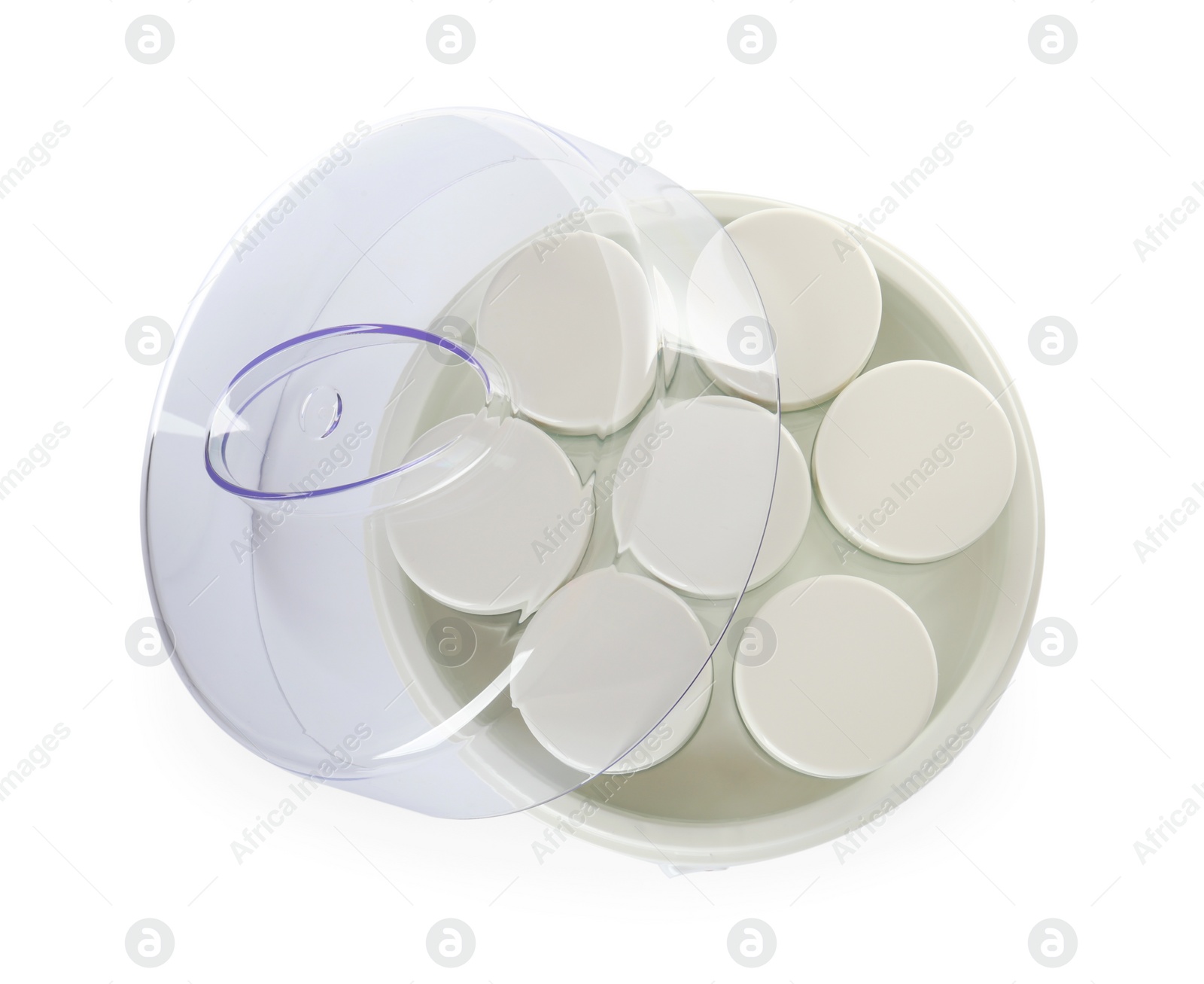 Photo of Modern yogurt maker with jars on white background, top view