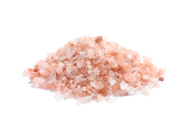 Photo of Heap of pink Himalayan salt on white background