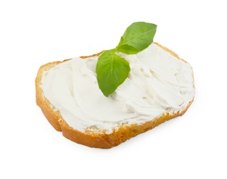 Photo of Bread with cream cheese and basil leaves isolated on white