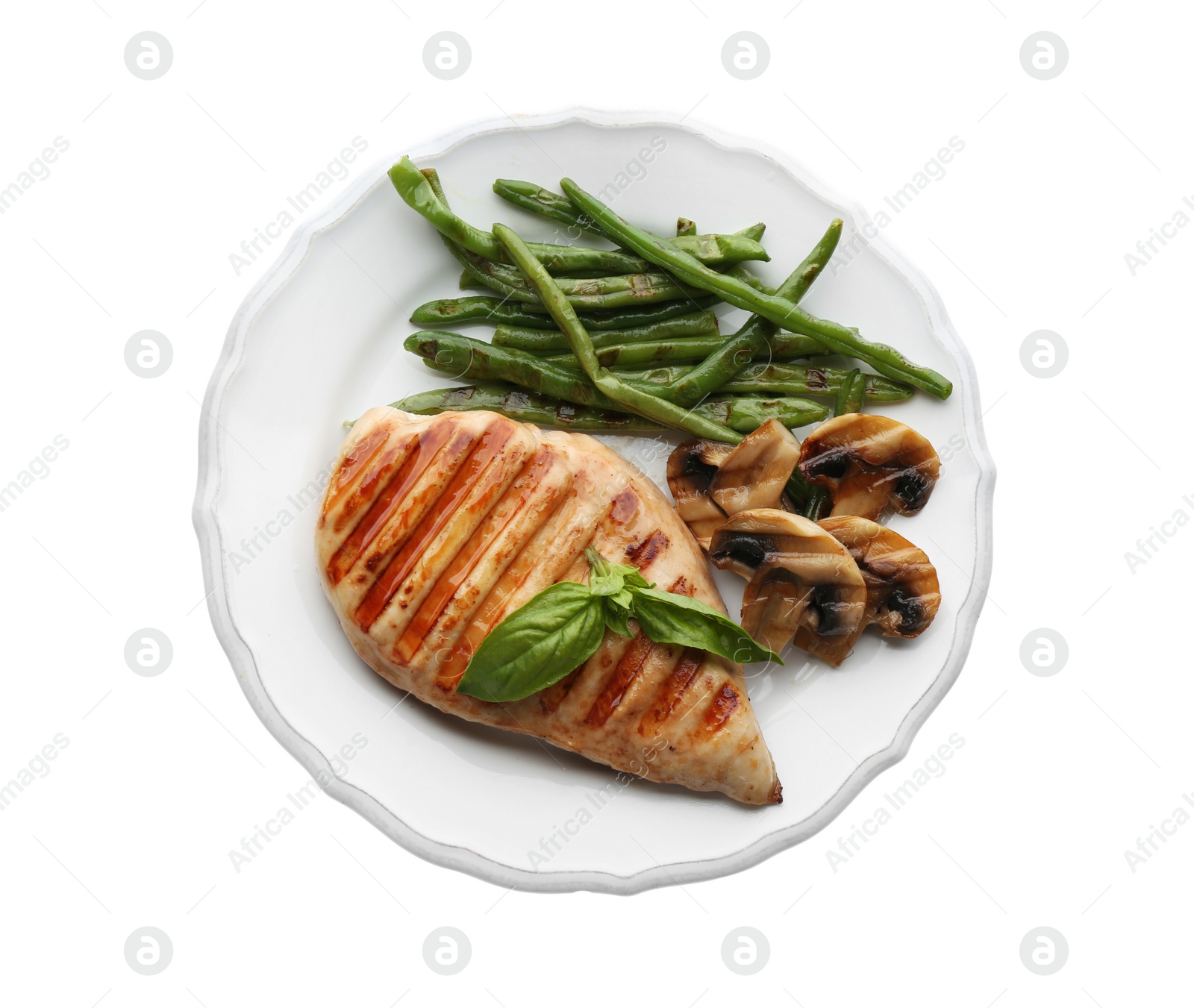 Photo of Tasty grilled chicken fillet with green beans, mushrooms and basil isolated on white, top view