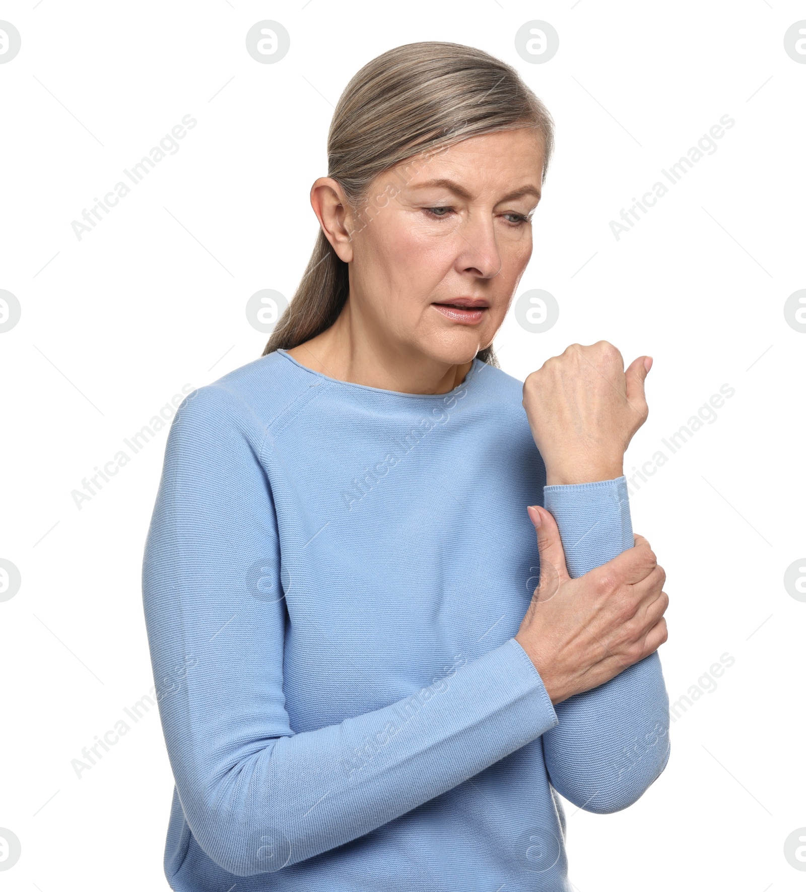 Photo of Arthritis symptoms. Woman suffering from pain in arm on white background