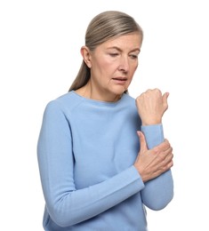 Photo of Arthritis symptoms. Woman suffering from pain in arm on white background