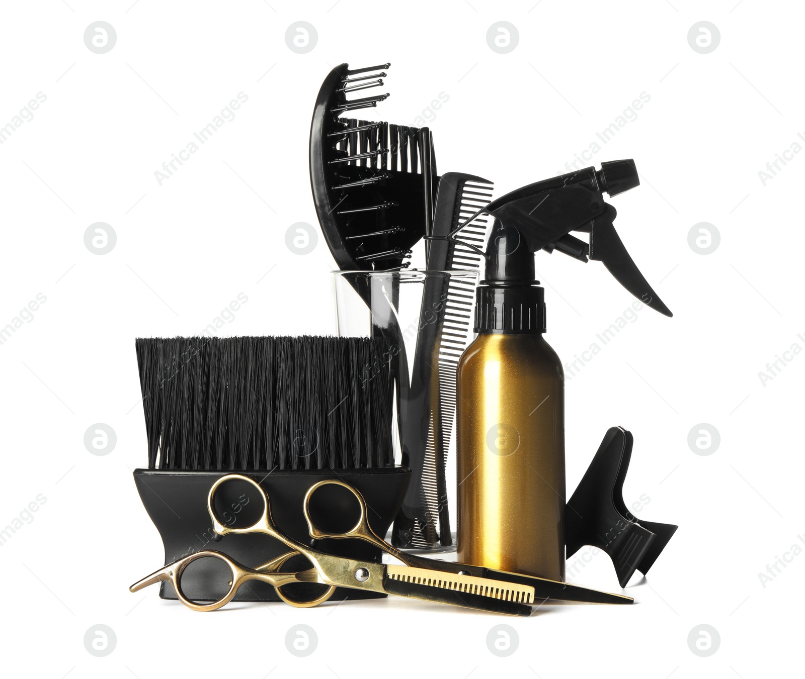 Photo of Set of professional hairdresser tools isolated on white