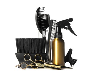 Set of professional hairdresser tools isolated on white