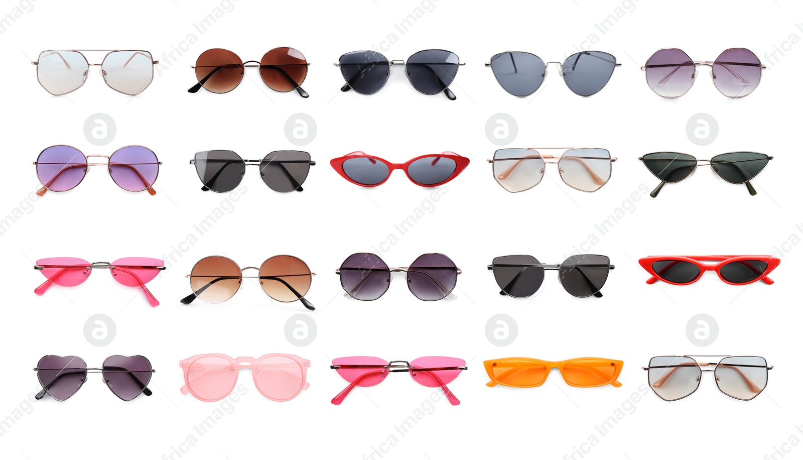 Image of Set with different stylish sunglasses on white background