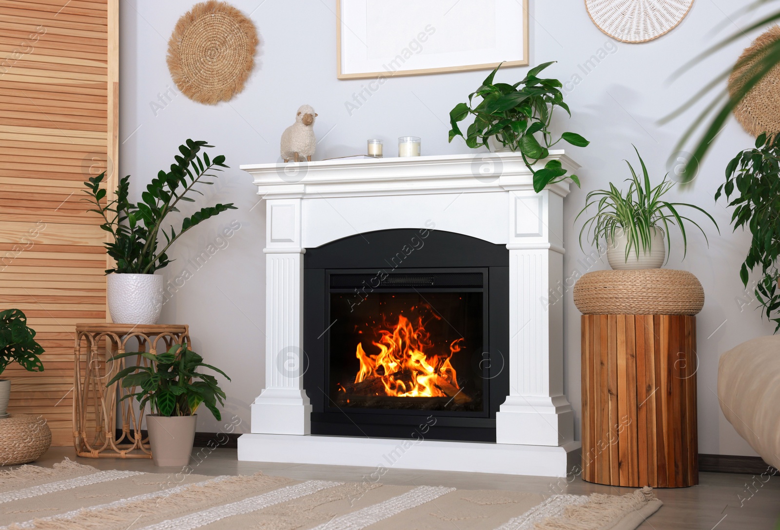 Photo of Beautiful living room interior with fireplace and green houseplants