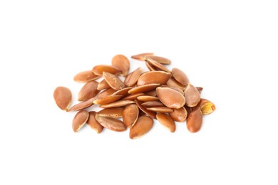 Pile of linseeds on white background. Vegetable planting