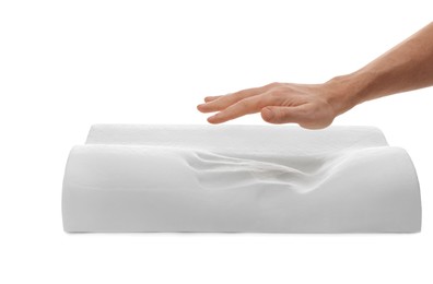 Photo of Man with orthopedic memory foam pillow on white background, closeup