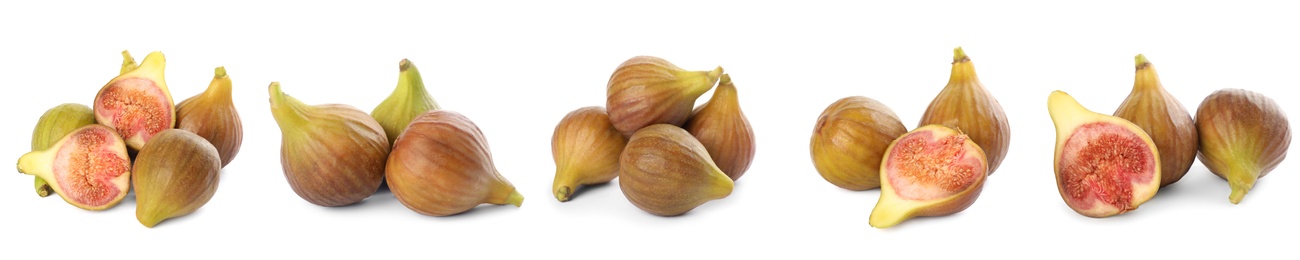 Image of Set of tasty figs on white background. Banner design