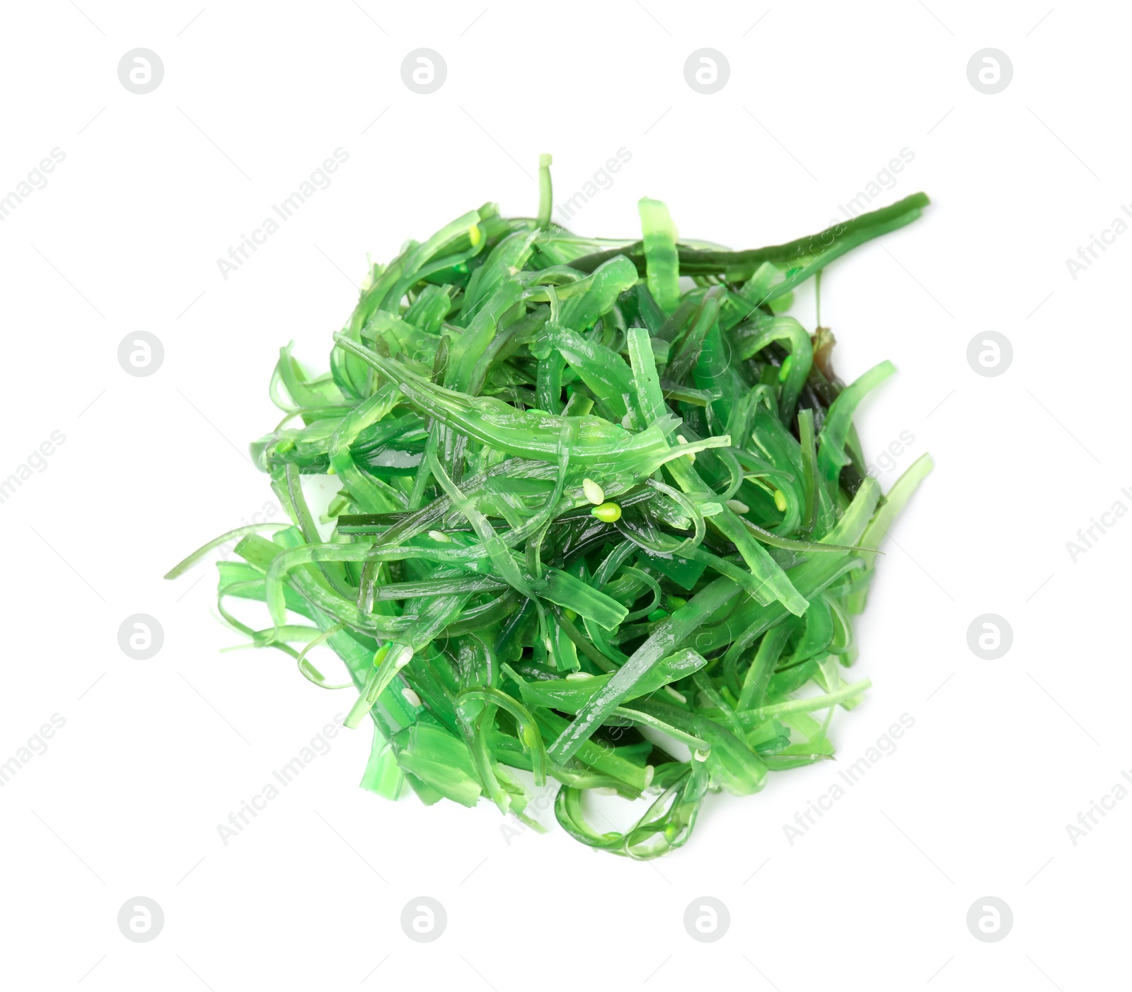 Photo of Tasty seaweed salad isolated on white, top view