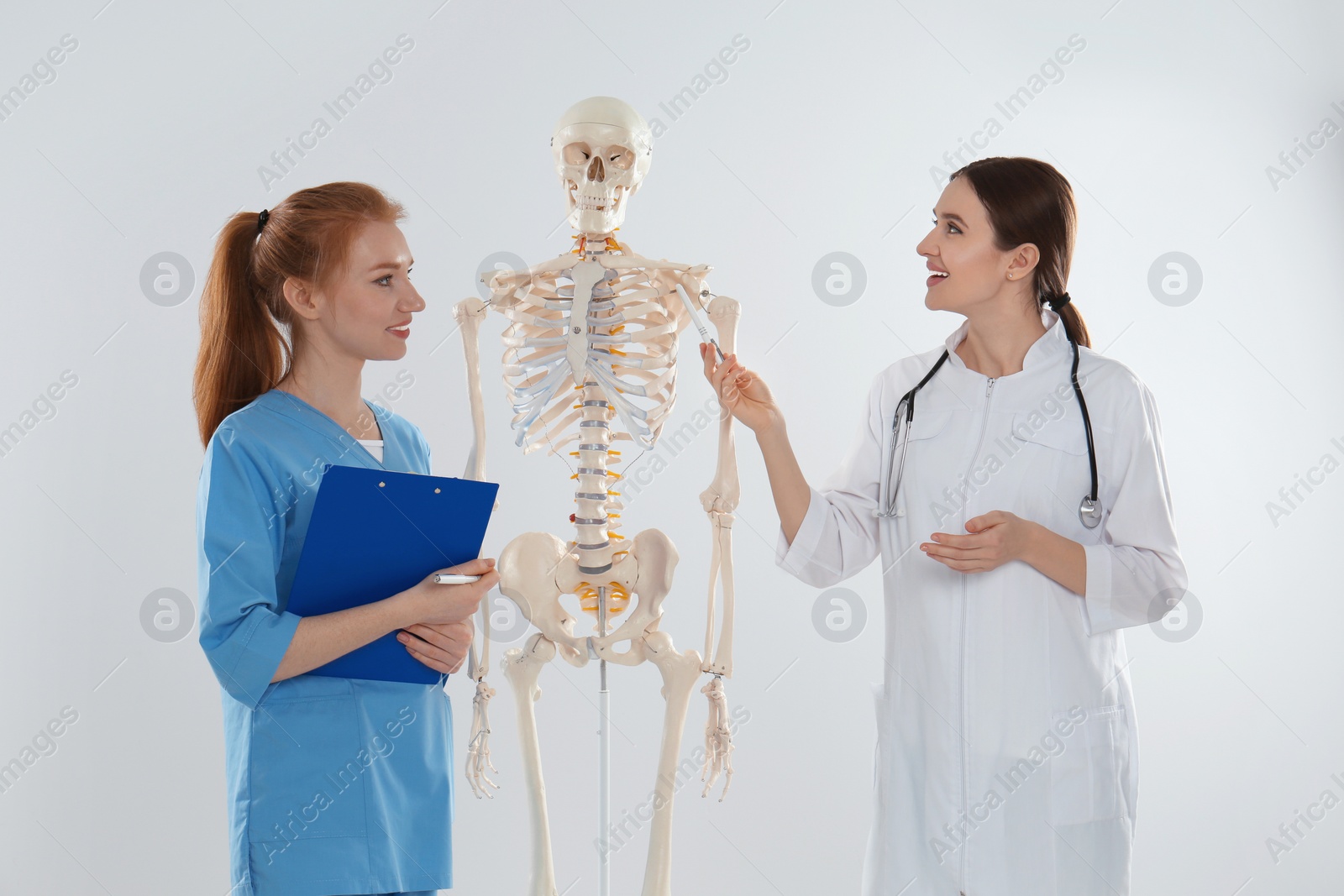 Photo of Professional orthopedist with human skeleton model teaching medical student against light background