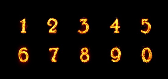 Image of Set of flaming numbers on black background