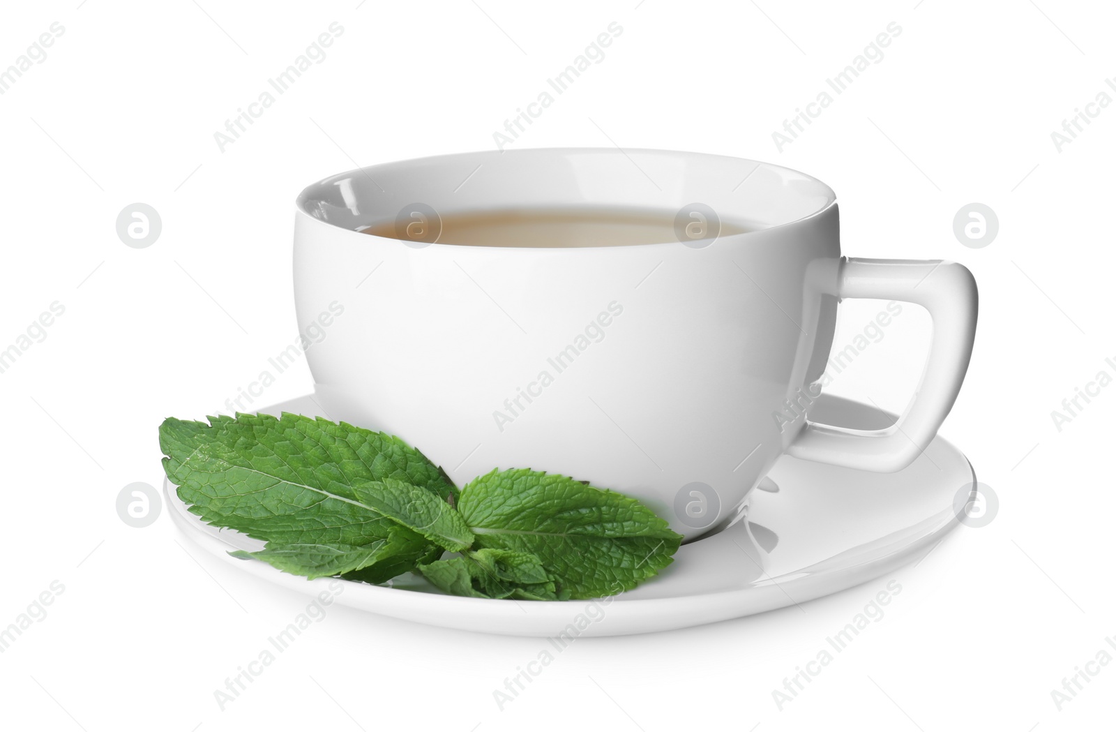 Photo of Cup with hot aromatic mint tea isolated on white