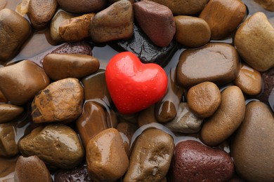 Photo of Red decorative heart on stones and water, top view