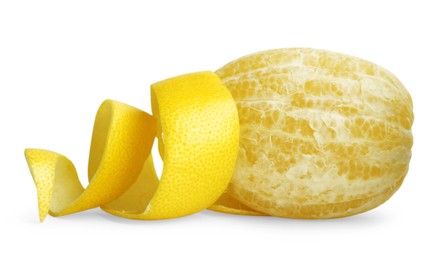 Photo of Fresh lemon and peel on white background. Citrus zest