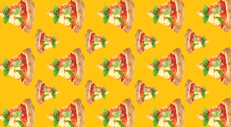 Image of Pizza slices on yellow background. Pattern design 