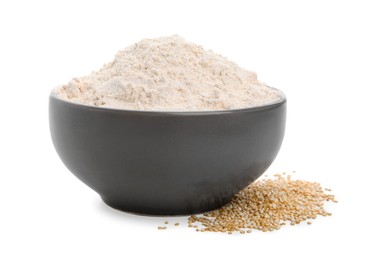 Photo of Bowl with quinoa flour and seeds on white background